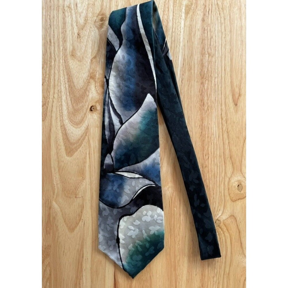 Robert Daskal Teal Silver Silk Tie 65" XL Signed Abstract Wearable Art Vintage